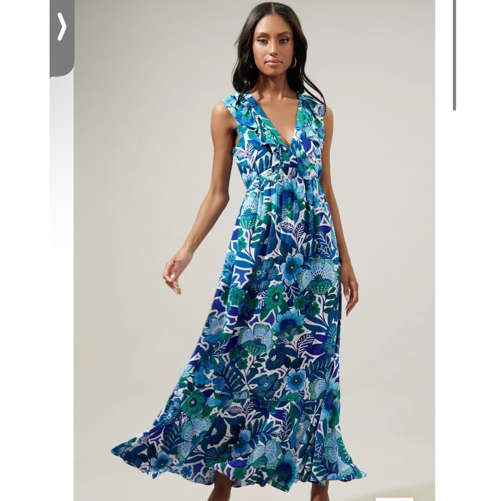 Sugarlips Blue Green Floral Ruffle V-Neck Tiered Maxi Dress STD13753PC Womens M